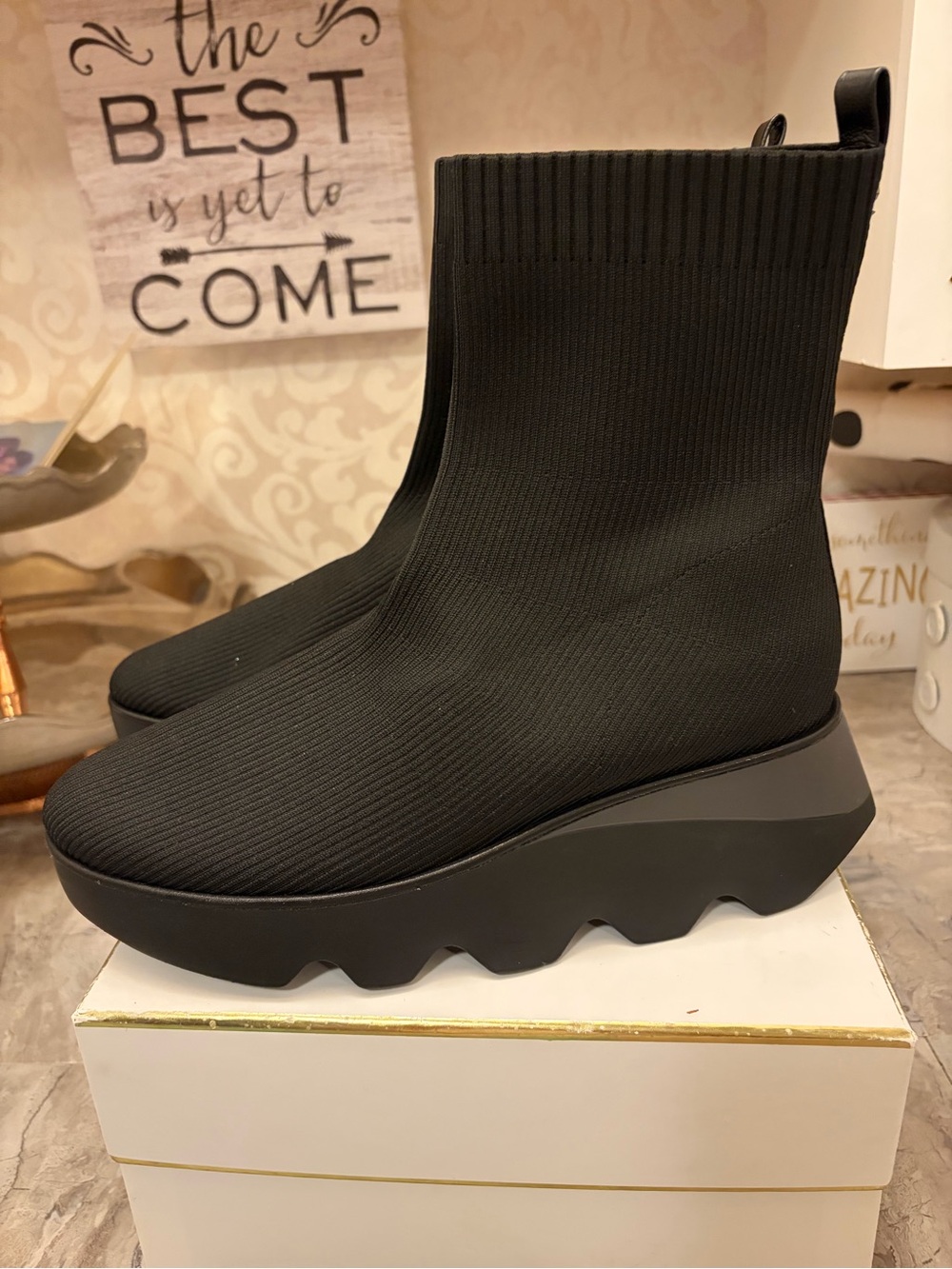 L'AMOUR DES PIEDS  Black Knit Platform Sock Heeled Boots with Sculpted Lug Sole